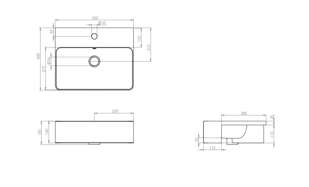 SIENNA square semi-recessed washbasin 50x40cm