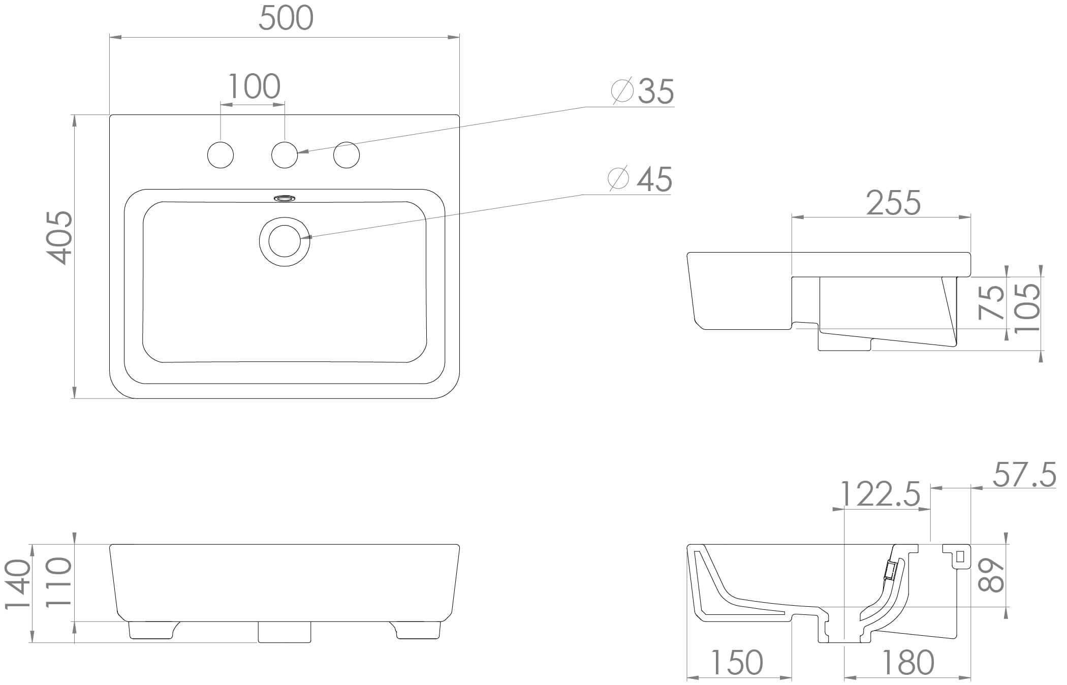 Dimensions and design details of the UNI 50x40cm semi-recessed washbasin for modern bathrooms.