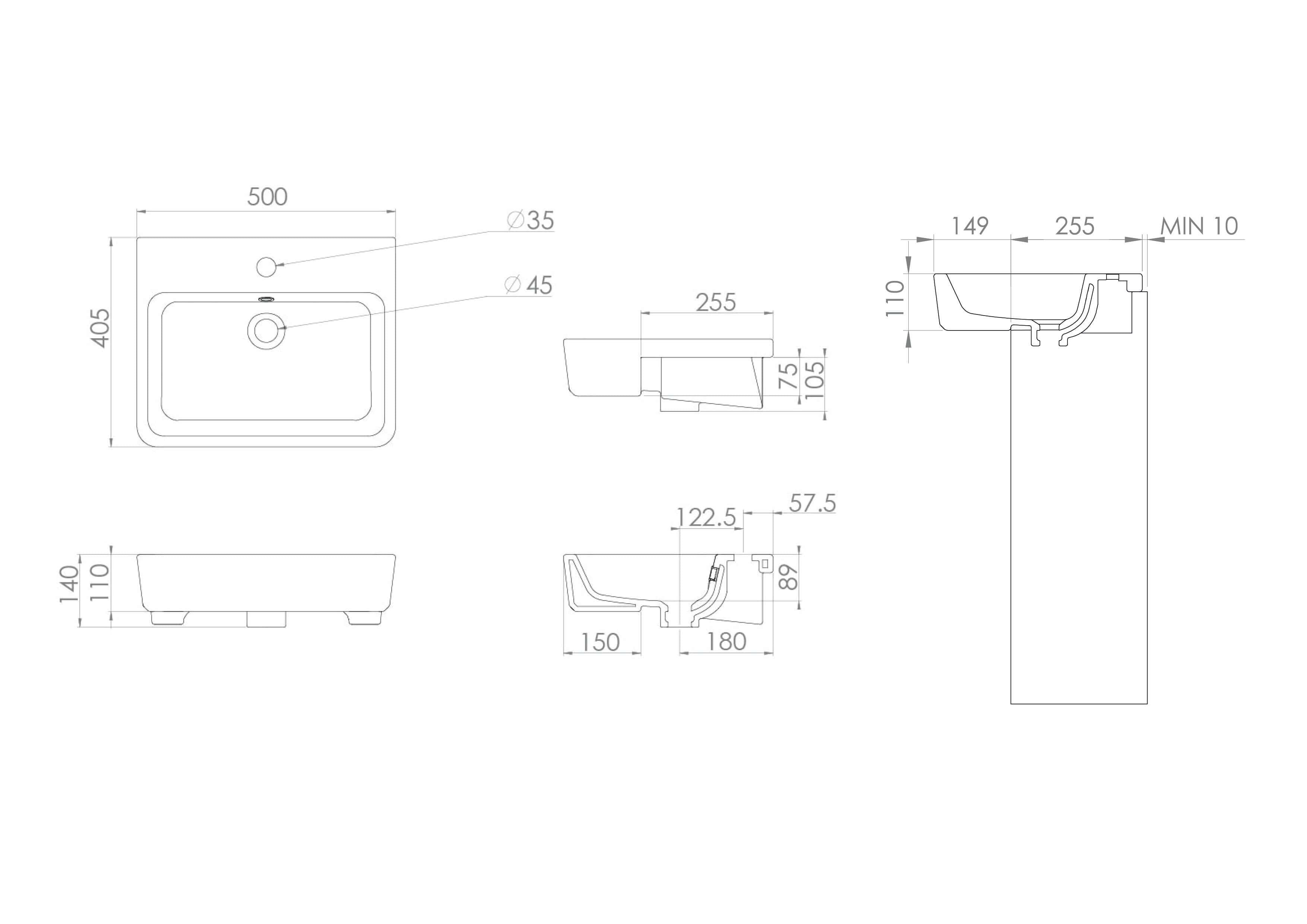 Dimensions and design specifications of UNI 50x40cm semi-recessed washbasin for bathroom renovation.