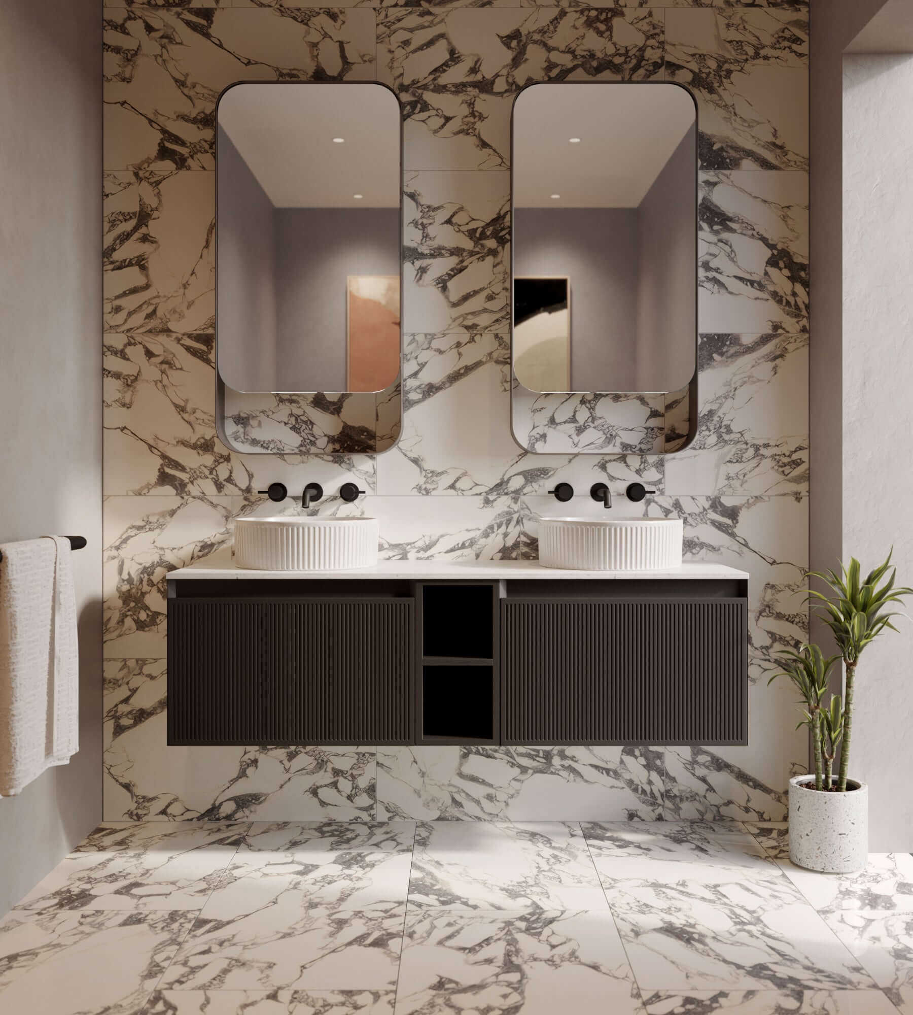 Modern bathroom setup featuring double basins, marble walls, and stylish fixtures to enhance bathroom renovation in London.