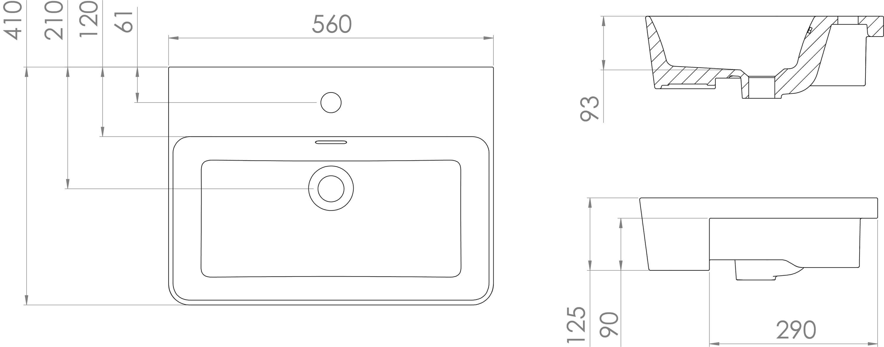 SIENNA square semi-recessed washbasin 56x41cm