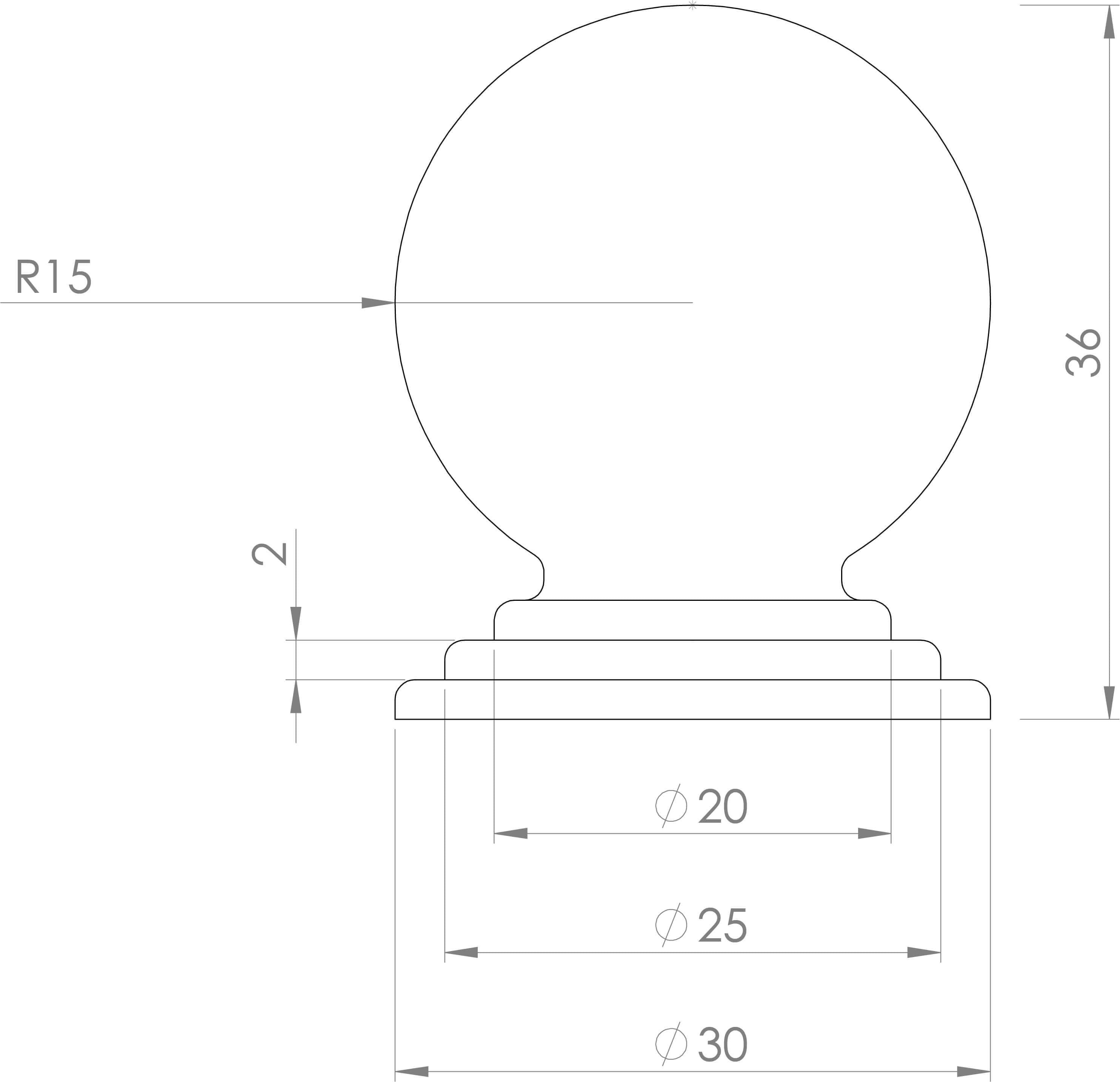 Technical drawing of a round ball finial with dimensions for design and manufacturing reference.